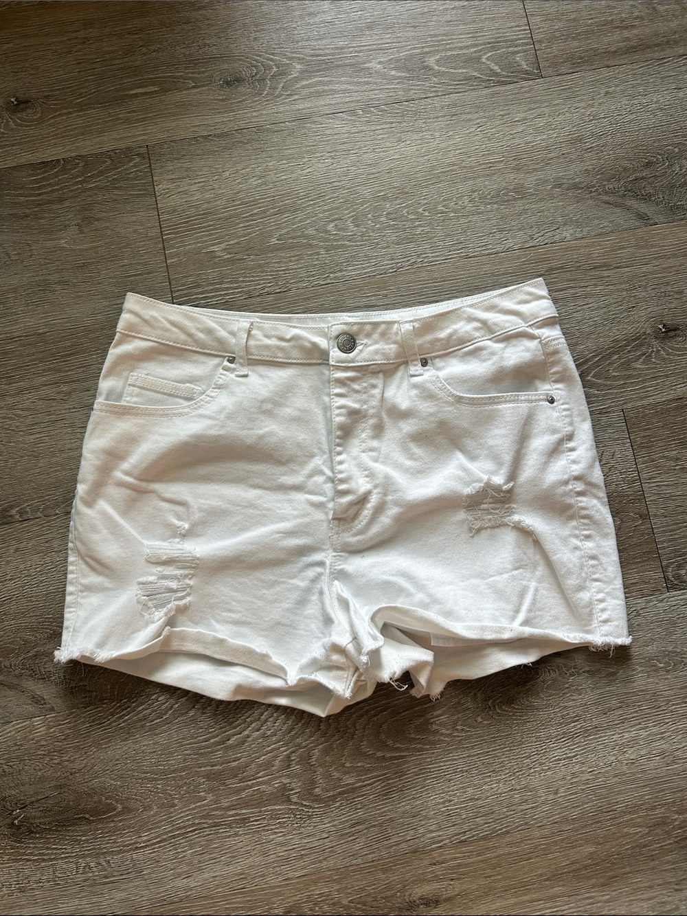 White Distressed Women's Denim Shorts - Casual Mid Rise